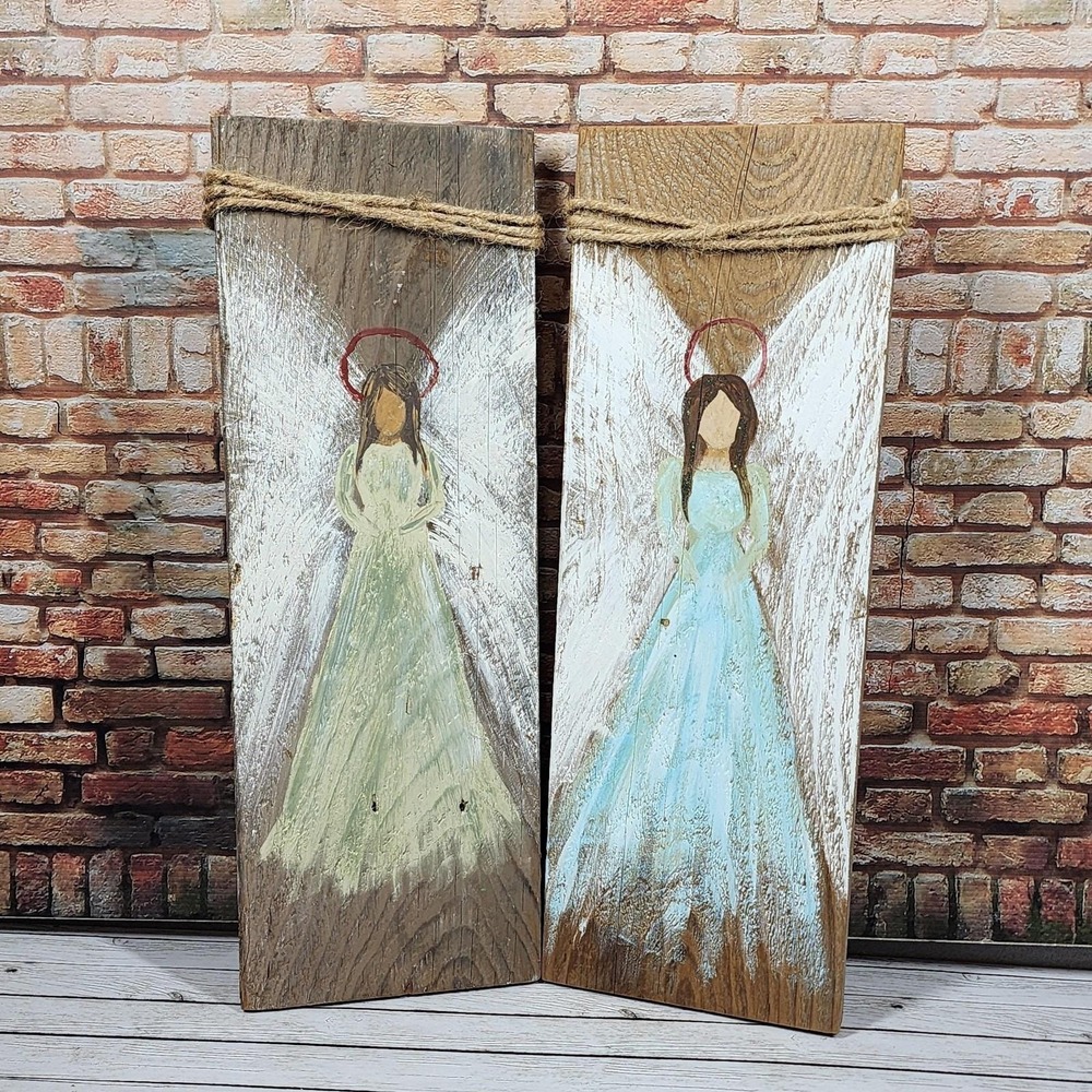 Handmade Wood Angel Wall Plaques Set Of 2 Rustic Primitive Religious Decor - Picture 2 of 9